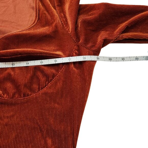 Bear Dance Ribbed Velvet Bodycon Mini Dress Rust Long Sleeve Women's Large Y2K - Picture 8 of 10